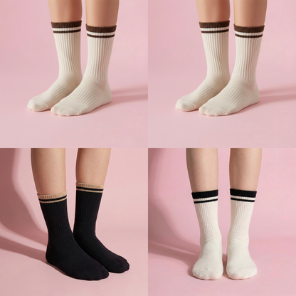 Anna-Kaci Women's 4-Pack Ribbed Crew Socks with Double Stripe Cuff Soft Stretch Fit in Neutral Tones