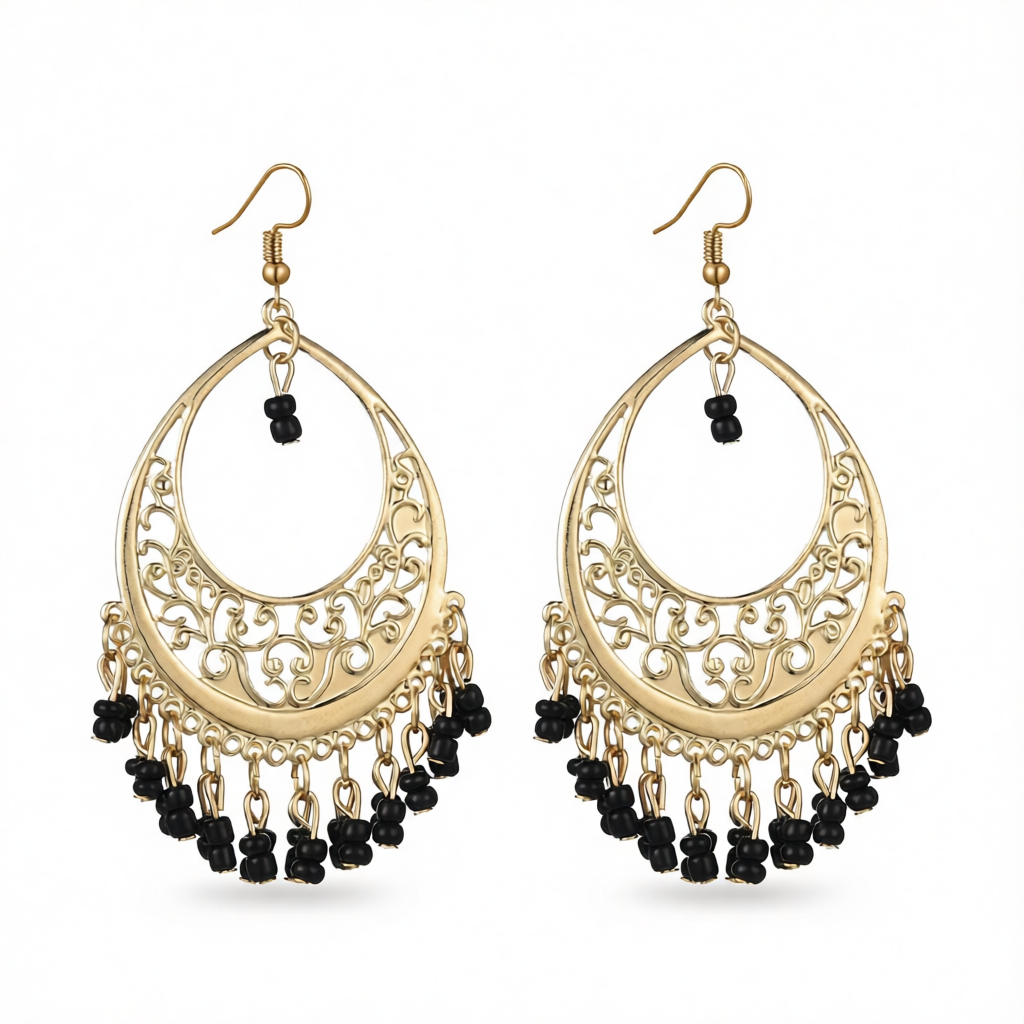 Black Turquoise & Goldtone Openwork Drop Earrings