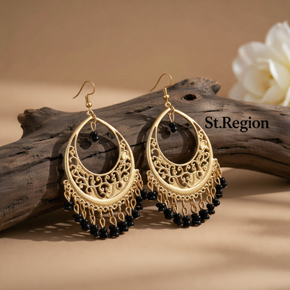 Black Turquoise & Goldtone Openwork Drop Earrings