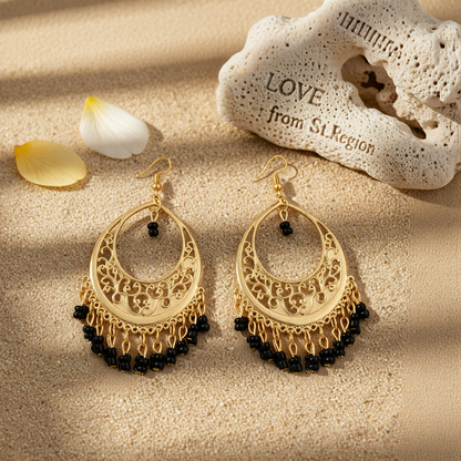 Black Turquoise & Goldtone Openwork Drop Earrings