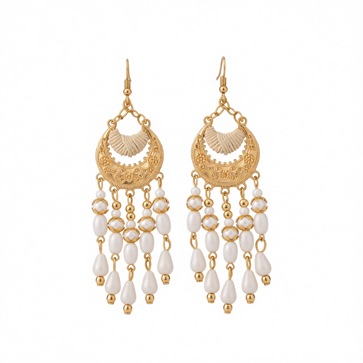 White Resin & Polyster Goldtone Tassel Drop Earrings