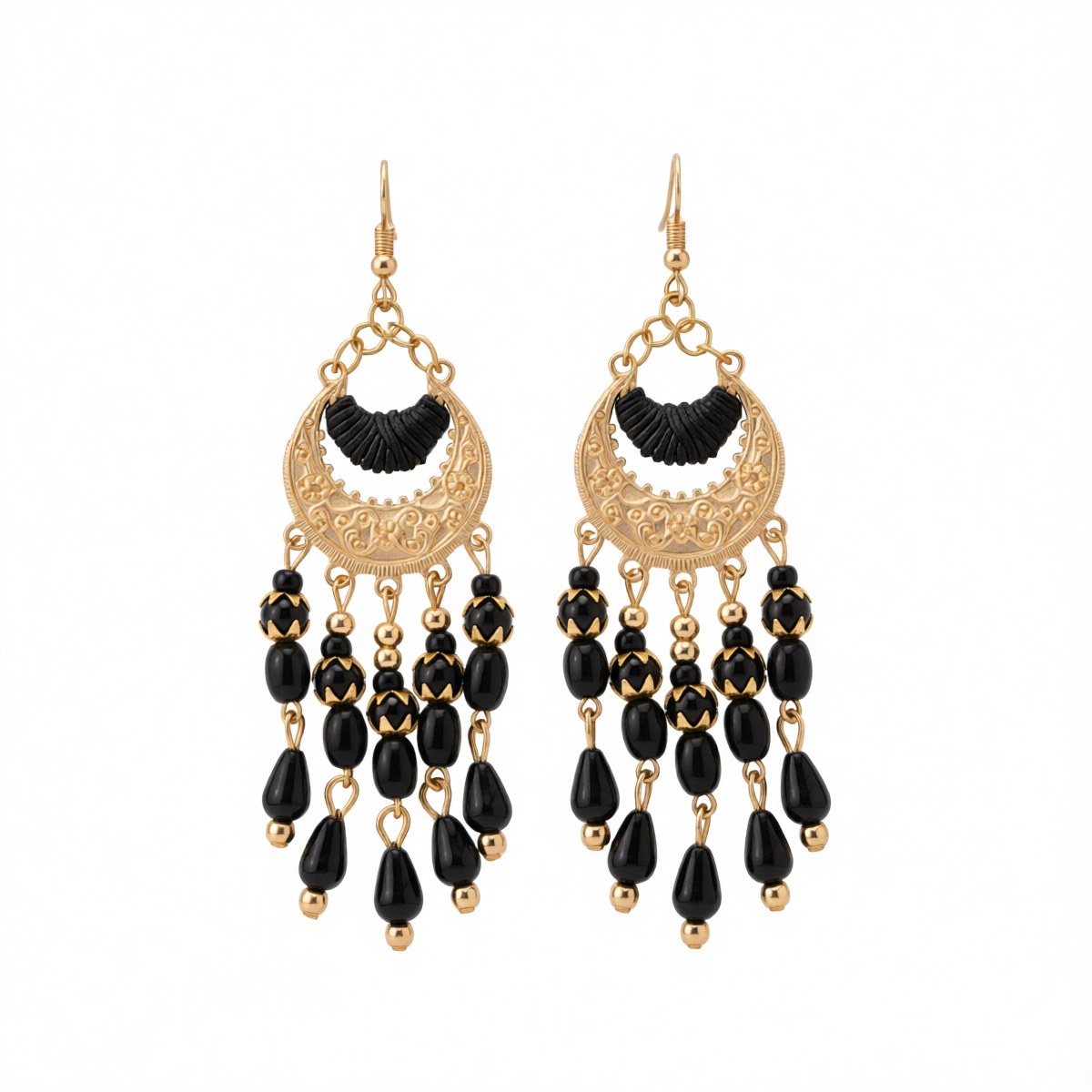 Black Resin & Polyster Goldtone Tassel Drop Earrings