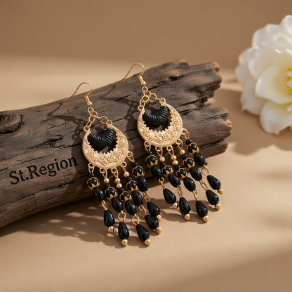 Black Resin & Polyster Goldtone Tassel Drop Earrings