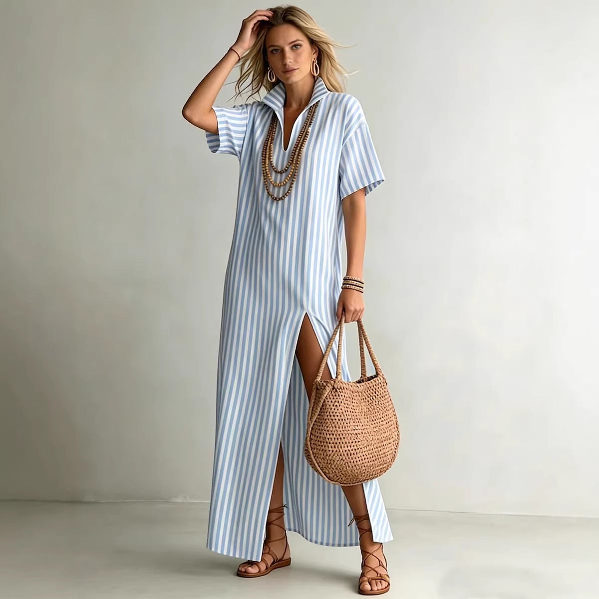 V-neck short sleeved striped split cotton linen dress