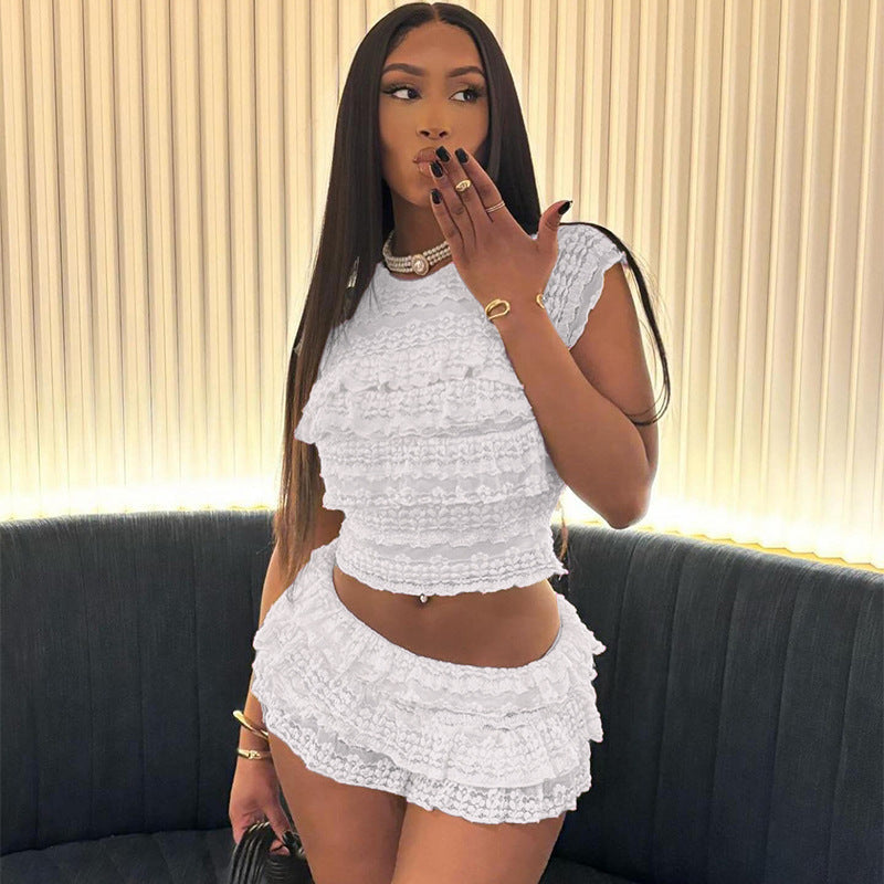 New Fashion Style Sweet and Spicy Girl Solid Color Hollow out Slim Fold Shorts Set for Women