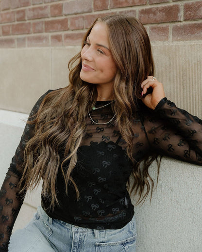 Black Bow Pattern Long Sleeve Slim Fit Mesh Top