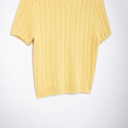 Stylish round neck short sleeved eight strand braided yellow knitted sweater for women