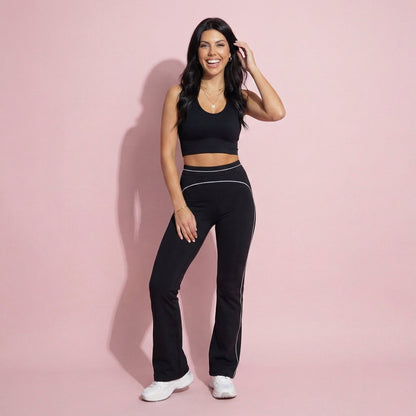 Anna-Kaci Active Women's High Waist Flare Leg Active Pants with Sculpting Fit and Contrast Seam Detailing