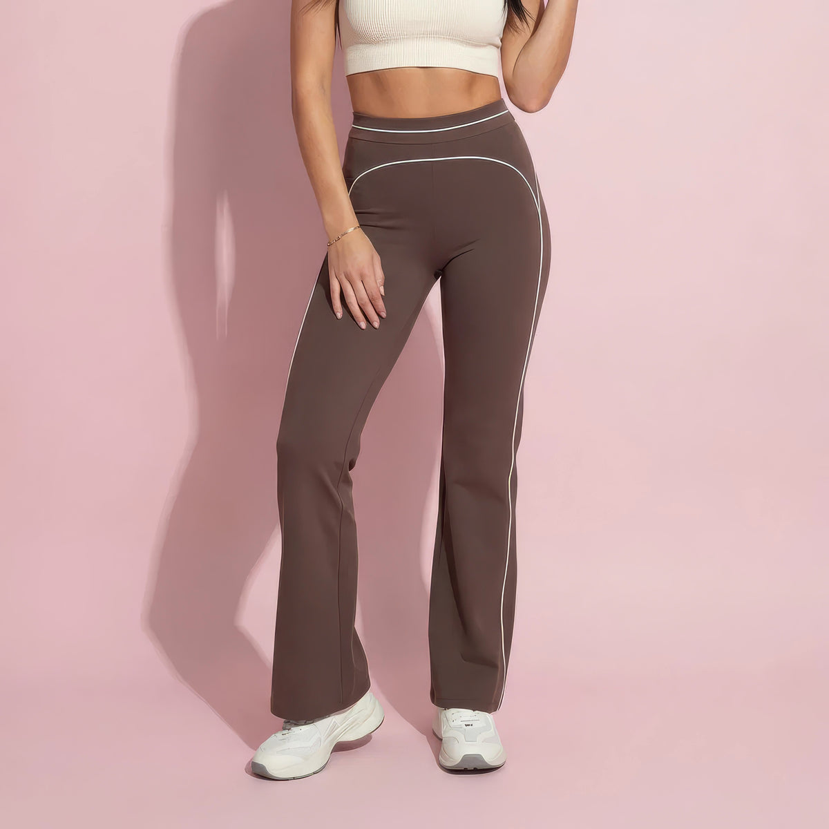 Anna-Kaci Active Women's High Waist Flare Leg Active Pants with Sculpting Fit and Contrast Seam Detailing