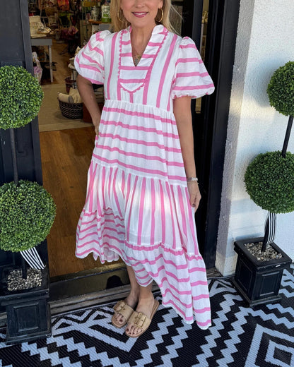 ✨Women's Short Bubble Sleeve Striped Dress With Pockets