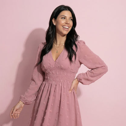 Clip Dot Shirred Waist Dress
