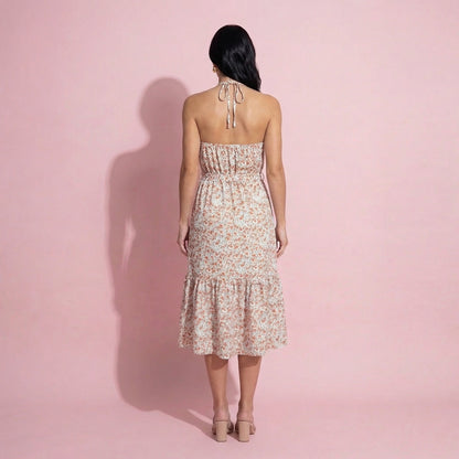 V-Halter Smocked Waist Floral Dress