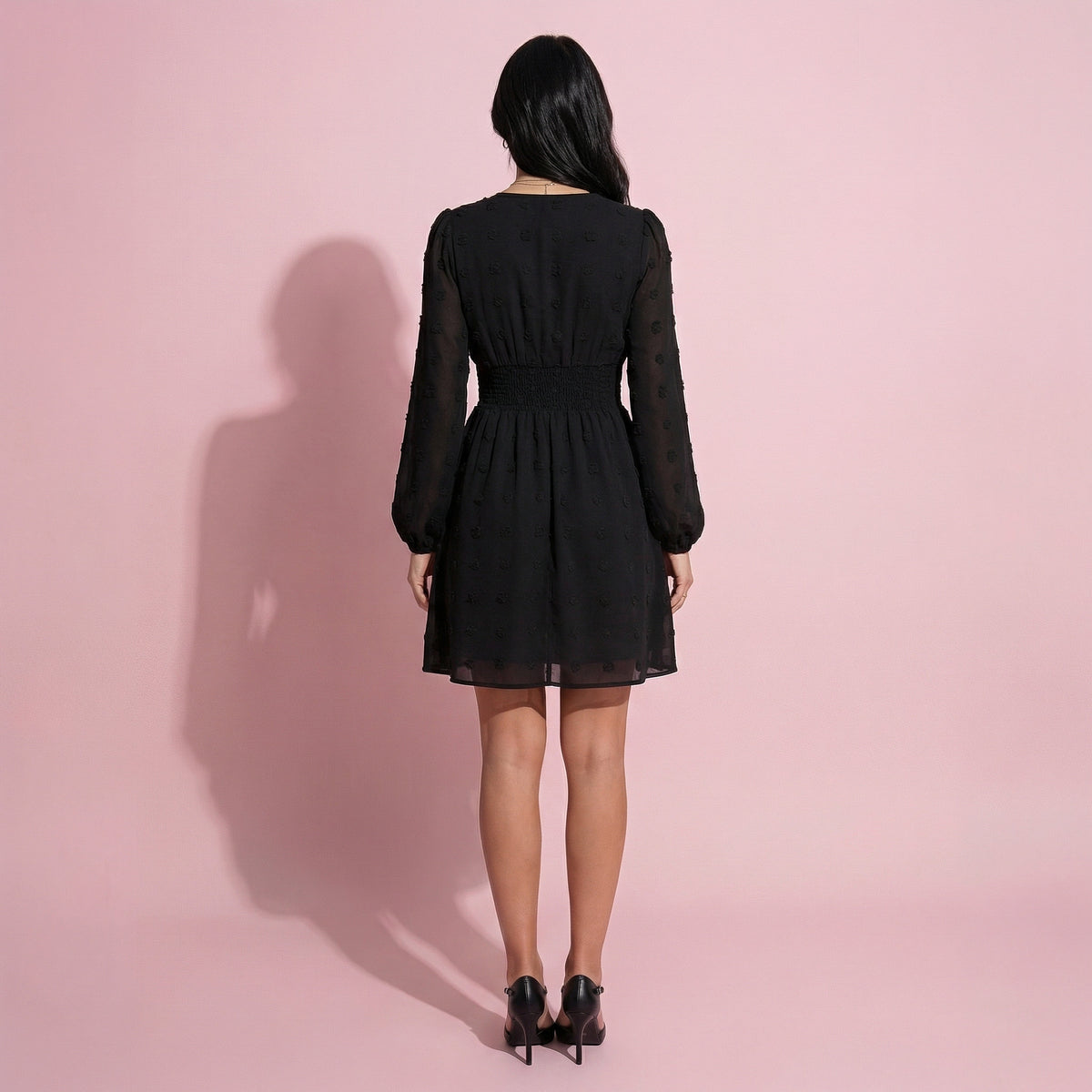 Clip Dot Shirred Waist Dress