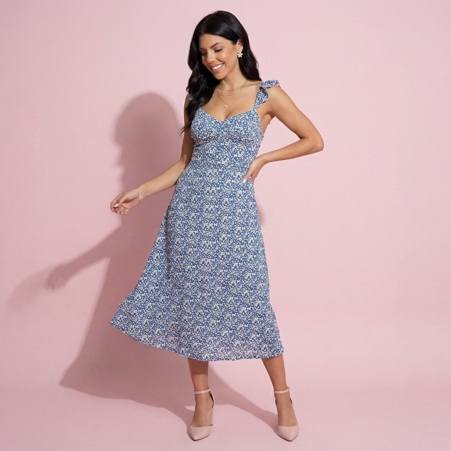 Ruffle Strap V Neck Floral Dress