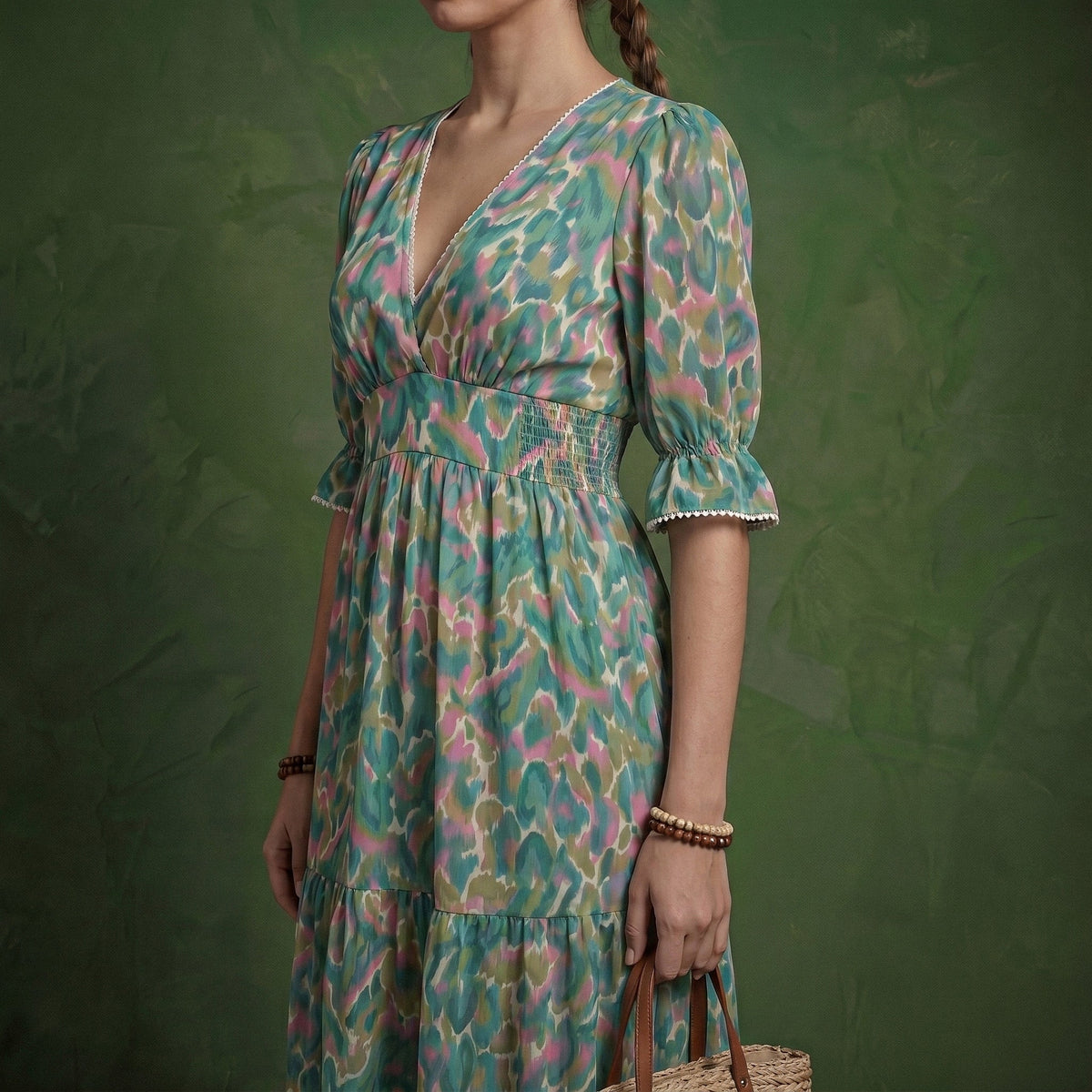 Anna-Kaci Women's Printed Midi Dress with V Neckline Smocked Waist and Tiered Skirt