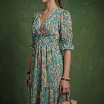Anna-Kaci Women's Printed Midi Dress with V Neckline Smocked Waist and Tiered Skirt