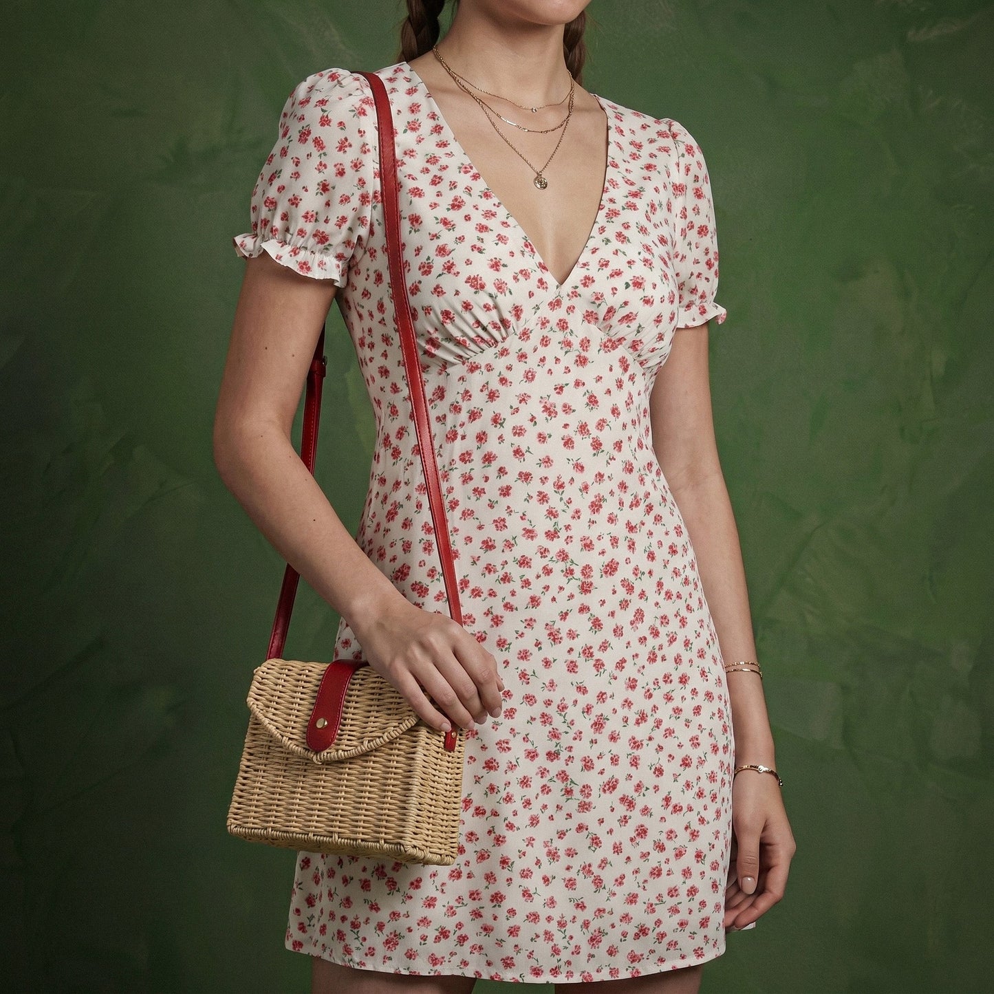 Anna-Kaci Women's Short Sleeve V Neck Mini Dress with Ditsy Floral Print and Fitted Silhouette