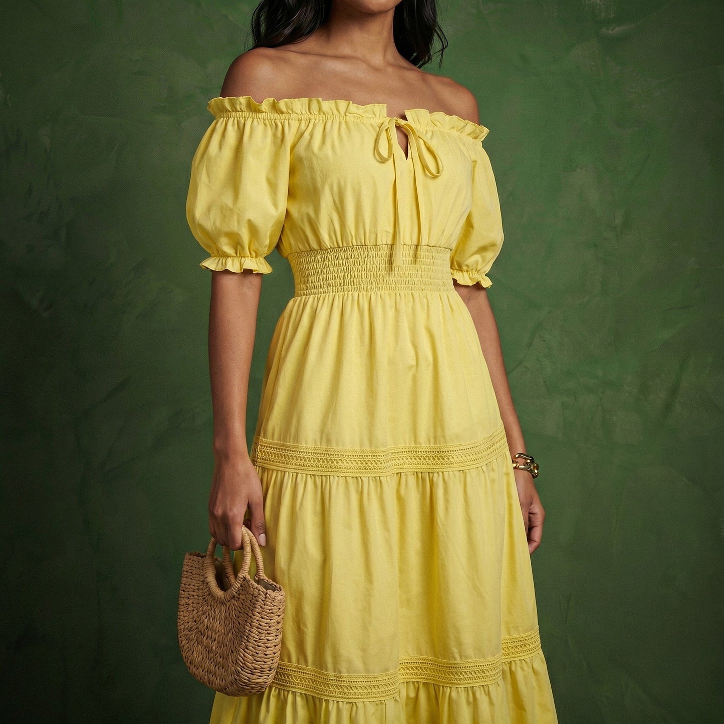 Anna-Kaci Women's Off Shoulder Maxi Dress with Smocked Waist and Tiered Skirt