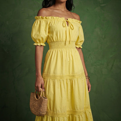Anna-Kaci Women's Off Shoulder Maxi Dress with Smocked Waist and Tiered Skirt