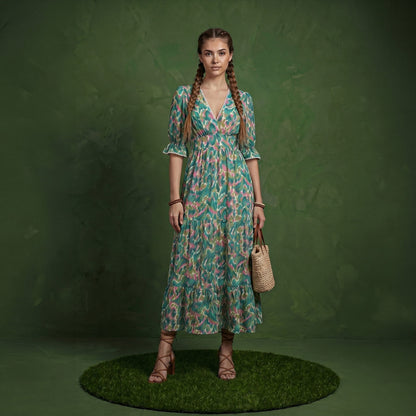 Anna-Kaci Women's Printed Midi Dress with V Neckline Smocked Waist and Tiered Skirt