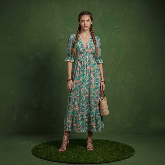 Anna-Kaci Women's Printed Midi Dress with V Neckline Smocked Waist and Tiered Skirt