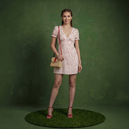 Anna-Kaci Women's Short Sleeve V Neck Mini Dress with Ditsy Floral Print and Fitted Silhouette