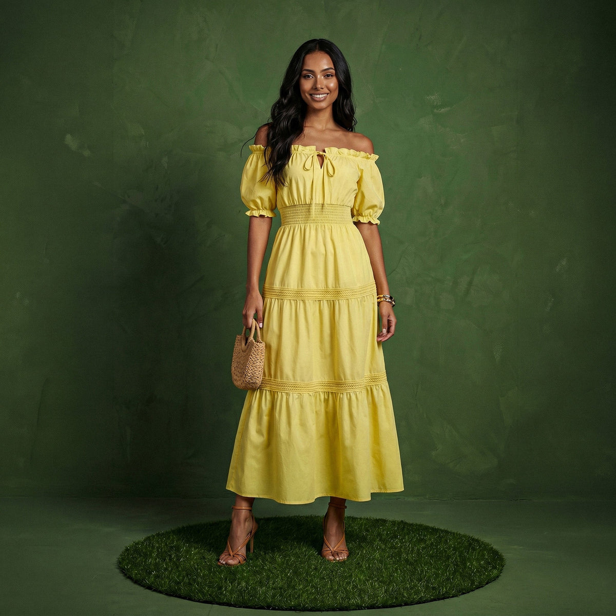 Anna-Kaci Women's Off Shoulder Maxi Dress with Smocked Waist and Tiered Skirt