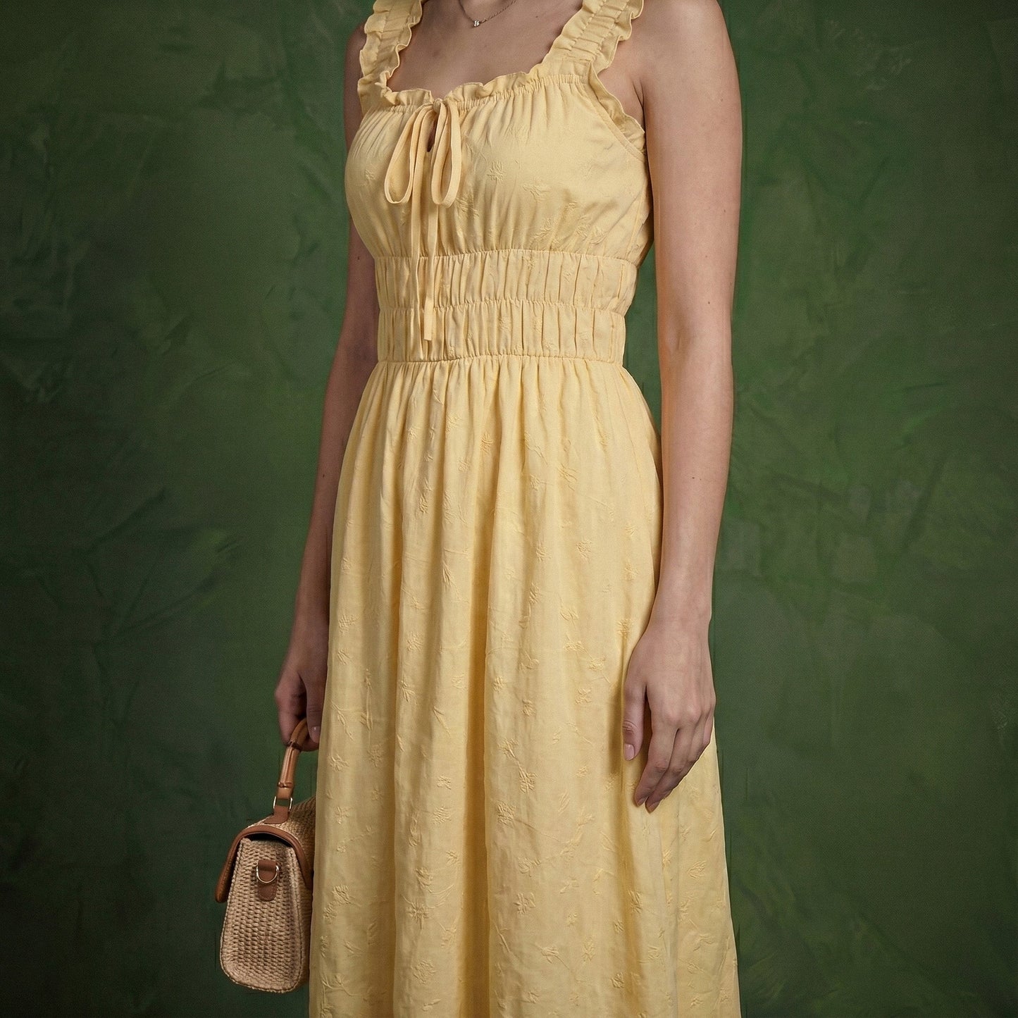 Anna-Kaci Women's Smocked Maxi Dress with Ruffle Straps and Tie Front Neckline