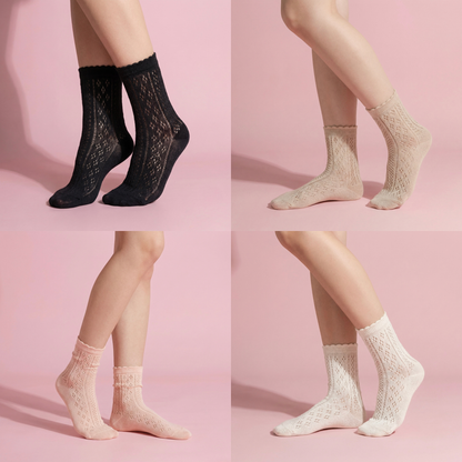 Anna-Kaci 4 Pairs Women's Lace Knit Crew Socks Lightweight Breathable Mesh Style with Elastic Cuff in Assorted Patterns