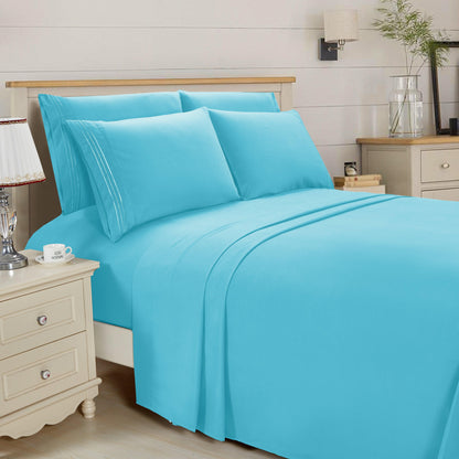 Elegant Comfort Essential 6-Piece 3-Line Embroidery Sheet Set, Soft as a Hotel Premium Quality, Bright Shades