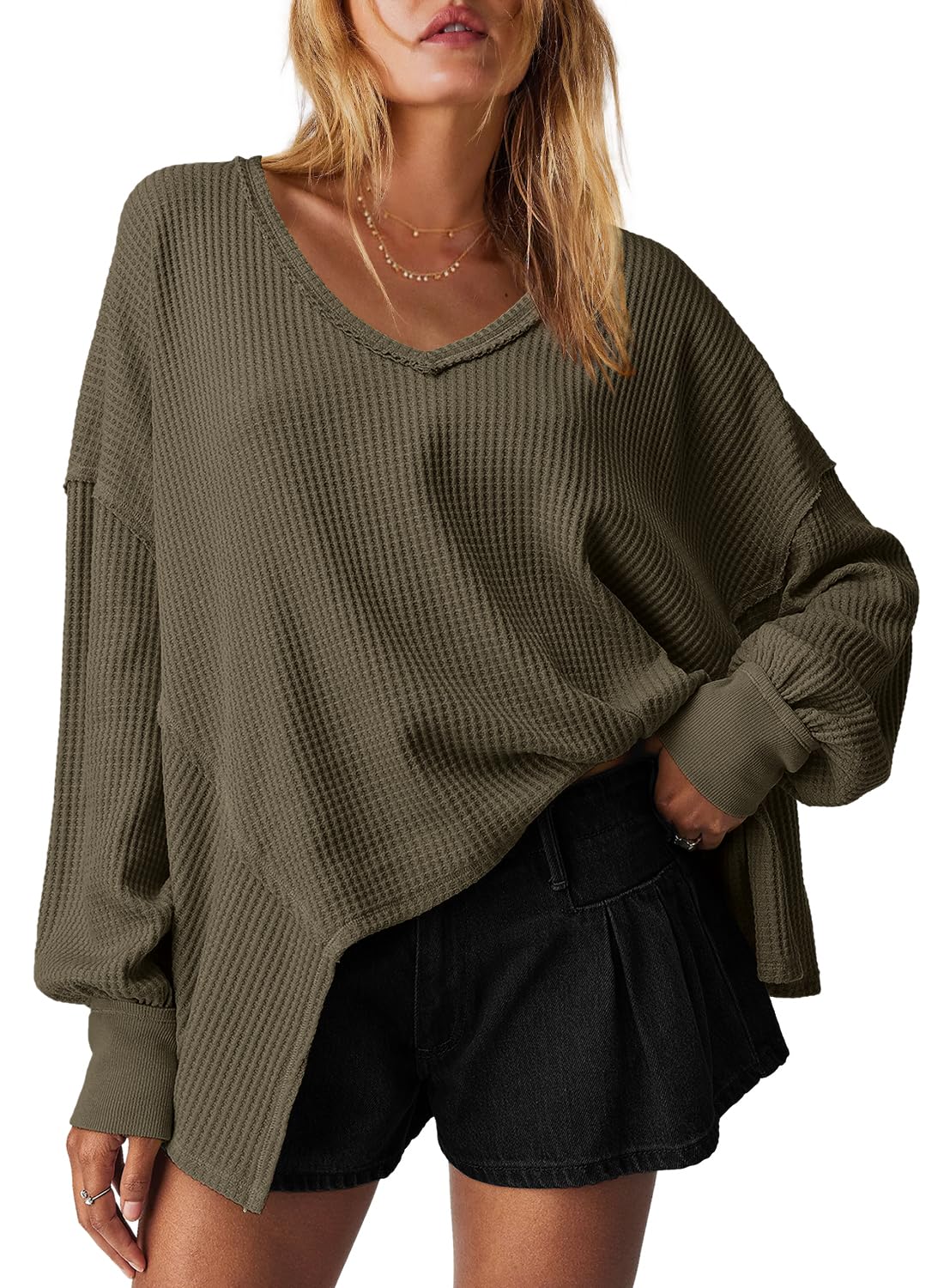 Women's Waffle Knit Oversized V Neck Batwing Long Sleeve Tops