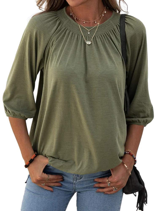 ✨Women's Casual Cotton 3/4 Sleeve Loose Pleated Basic Tops
