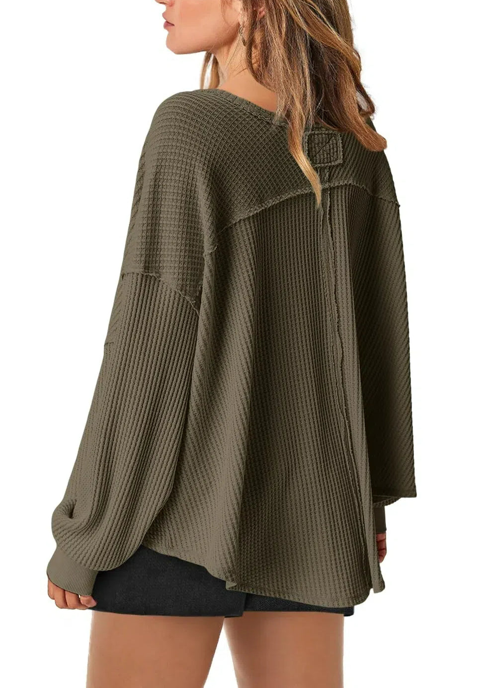 Women's Waffle Knit Oversized V Neck Batwing Long Sleeve Tops