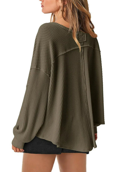 Women's Waffle Knit Oversized V Neck Batwing Long Sleeve Tops