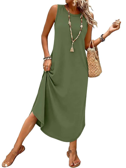 Women's Sleeveless Print Maxi Dress with Pockets