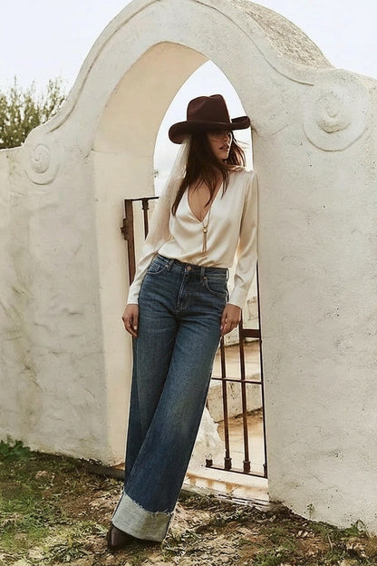 Elise Tummy Control High Rise Cuffed a Wide Leg Jeans