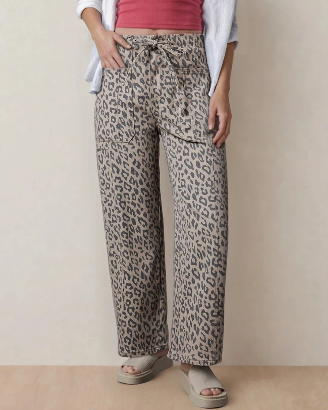 Athena Leopard Print Drawstring Waist Pocketed Wide Leg Jeans
