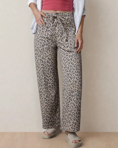 Athena Leopard Print Drawstring Waist Pocketed Wide Leg Jeans