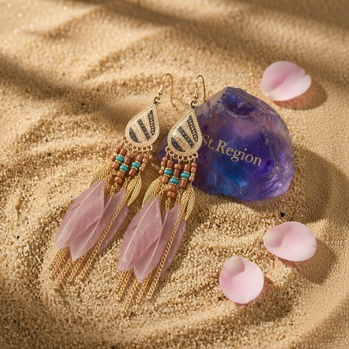 Coffee Feather & Goldtone Feather Drop Earrings