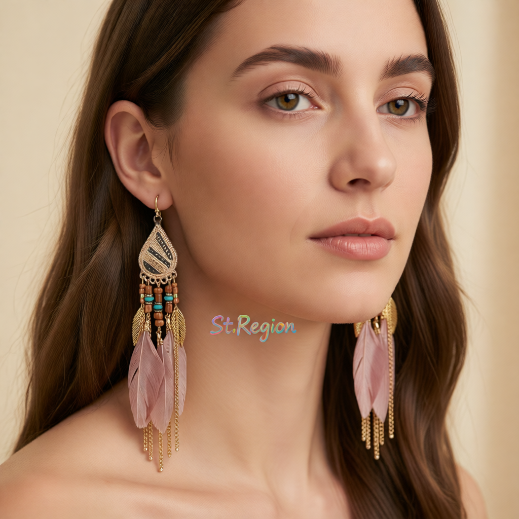Coffee Feather & Goldtone Feather Drop Earrings