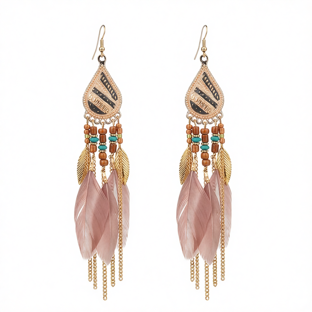 Coffee Feather & Goldtone Feather Drop Earrings