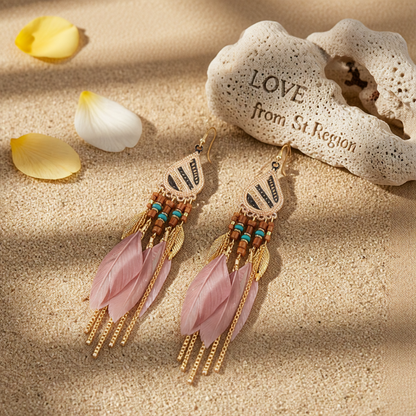 Coffee Feather & Goldtone Feather Drop Earrings