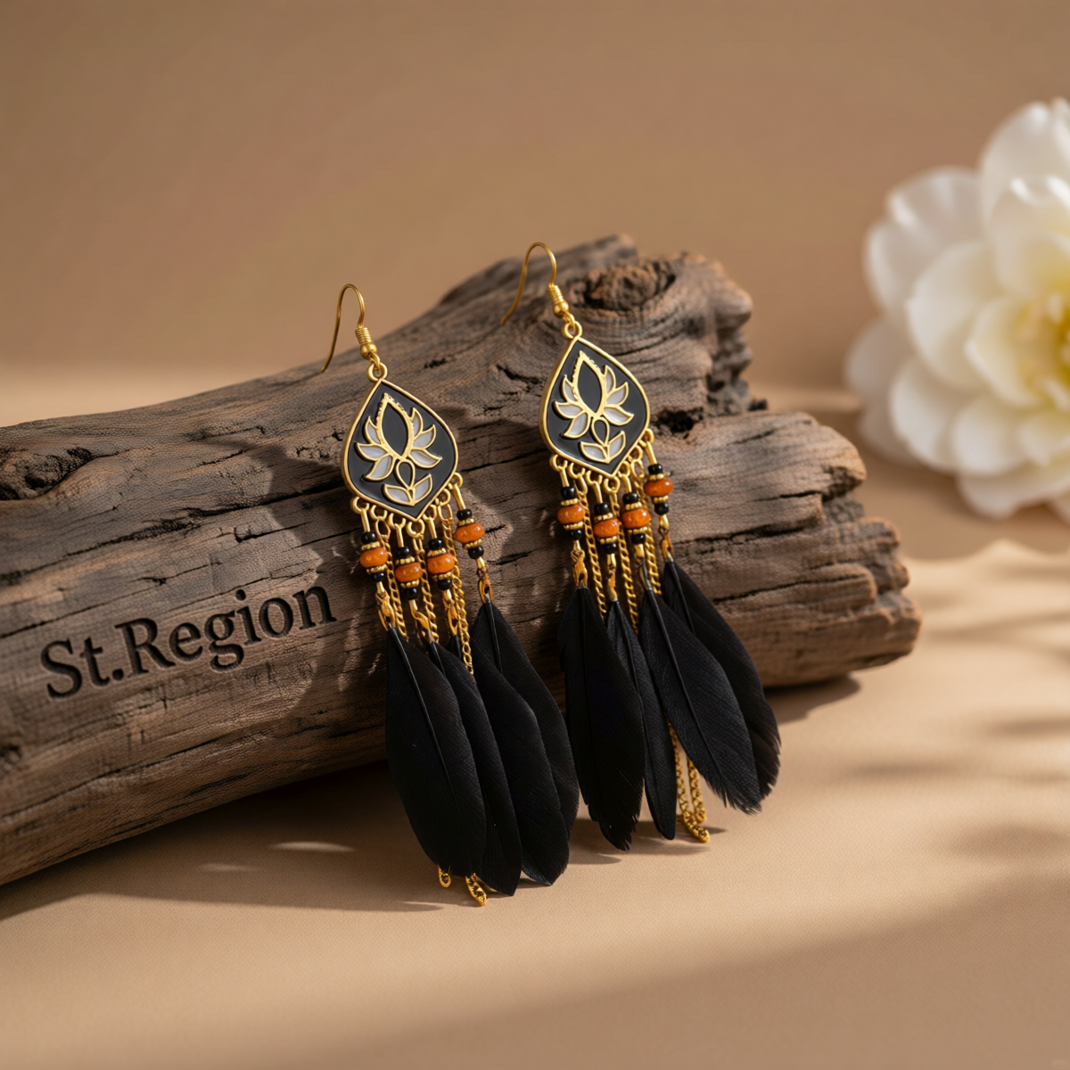Black Feather & Resin Drop Earrings