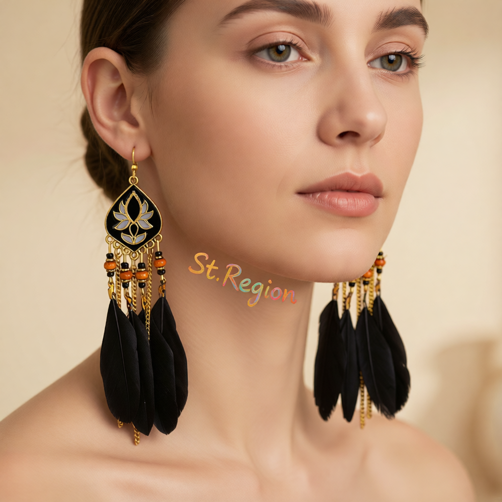 Black Feather & Resin Drop Earrings