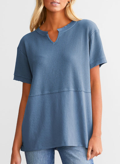✨Women's Casual V Neck Waffle Knit Tops Short Sleeve T Shirts