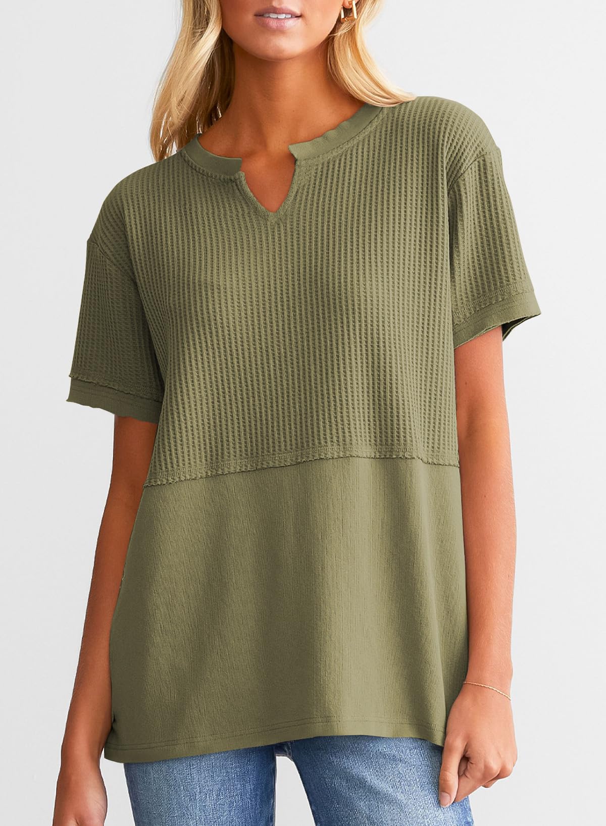 ✨Women's Casual V Neck Waffle Knit Tops Short Sleeve T Shirts