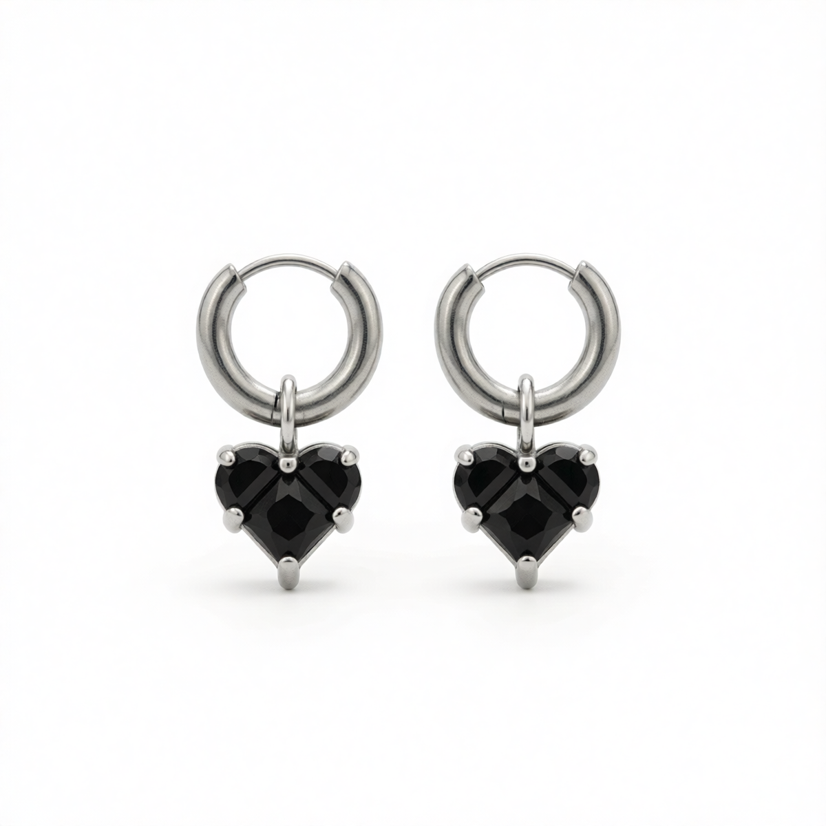 Black Crystal & Silvertone Heart Dangle Earring