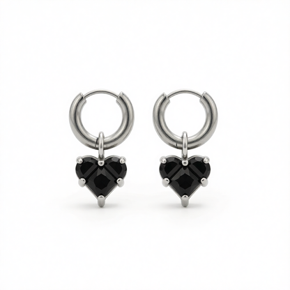 Black Crystal & Silvertone Heart Dangle Earring