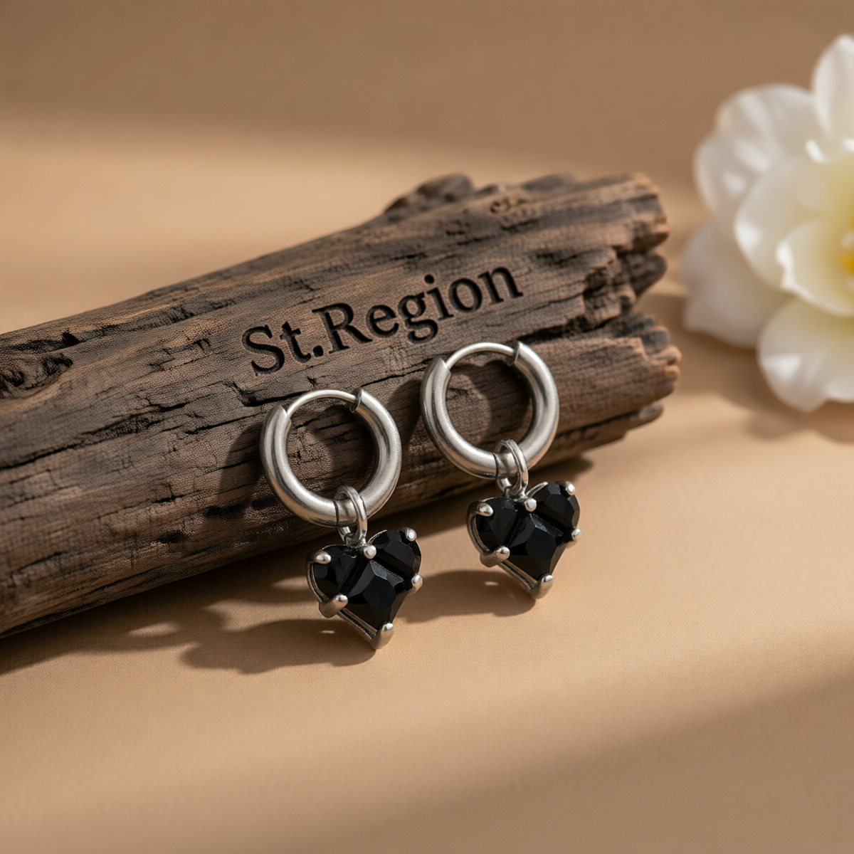Black Crystal & Silvertone Heart Dangle Earring