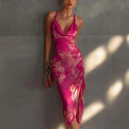 Carmine Red Backless Halter Maxi Dress – Printed High-Slit Slim-Fit Long Dress for Women